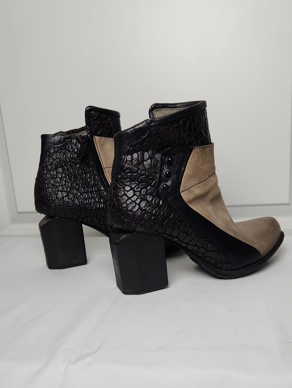 A.S.98 Black and Taupe Croc-Textured Ankle Booties Size 38